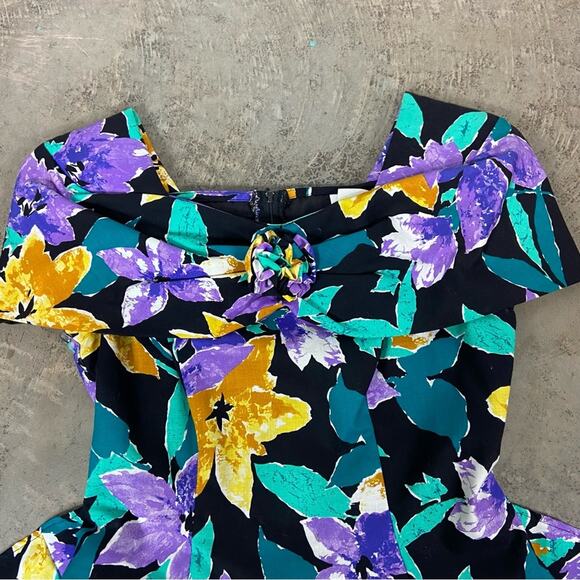Vintage 80s Size 6/Medium Bright Floral Print ALine Cap Sleeve Formal Mini Dress - Picture 7 of 10
